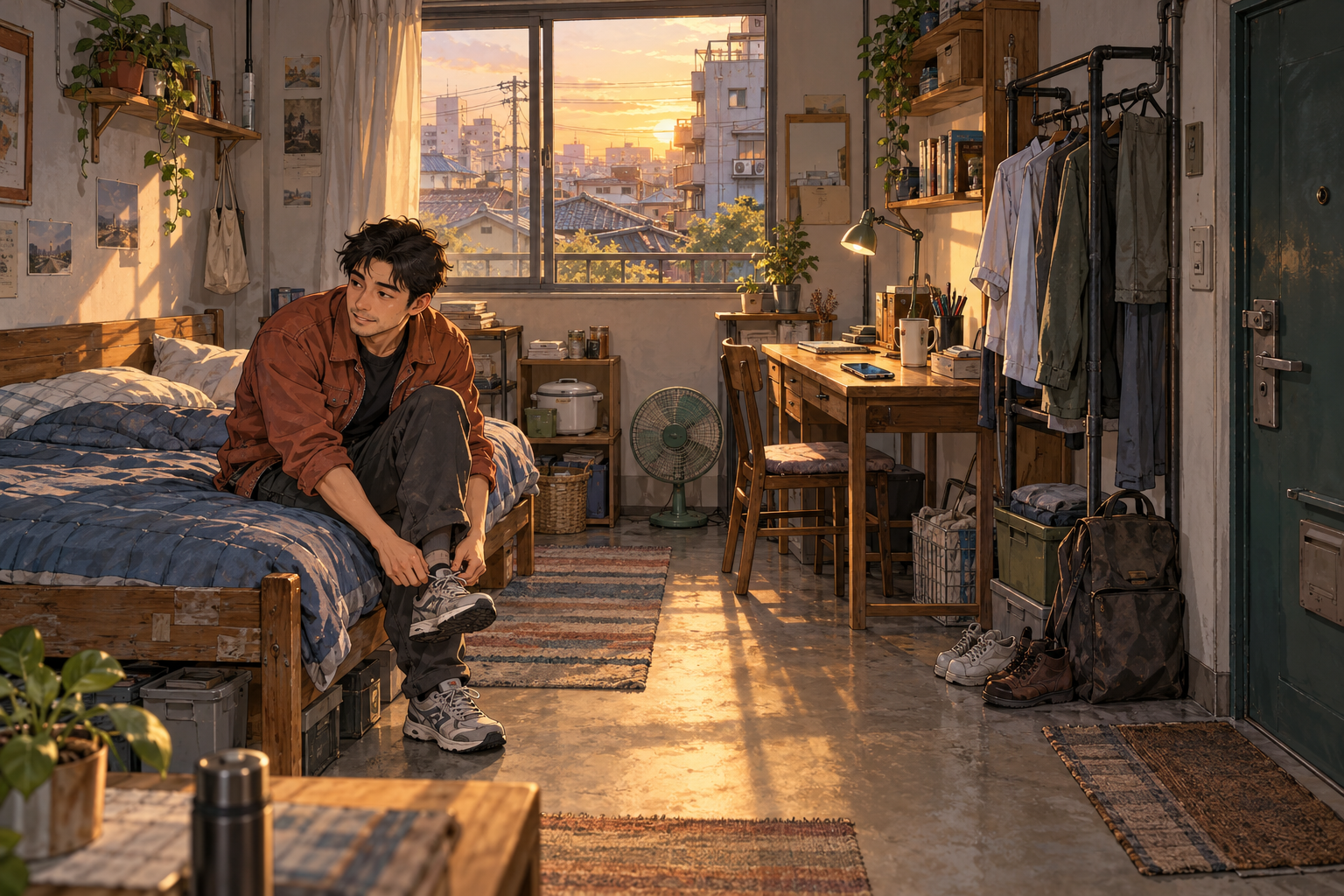 暖色出租屋:旧床、挂着的衣服、桌上手机和出门入口